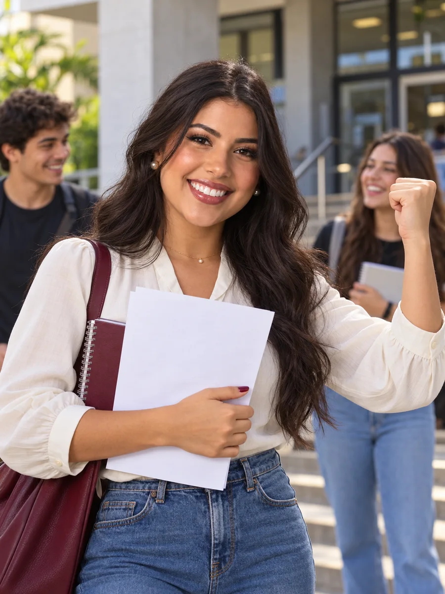 Retrato ilustrativo de Pietra celebrando a aprovação na faculdade.