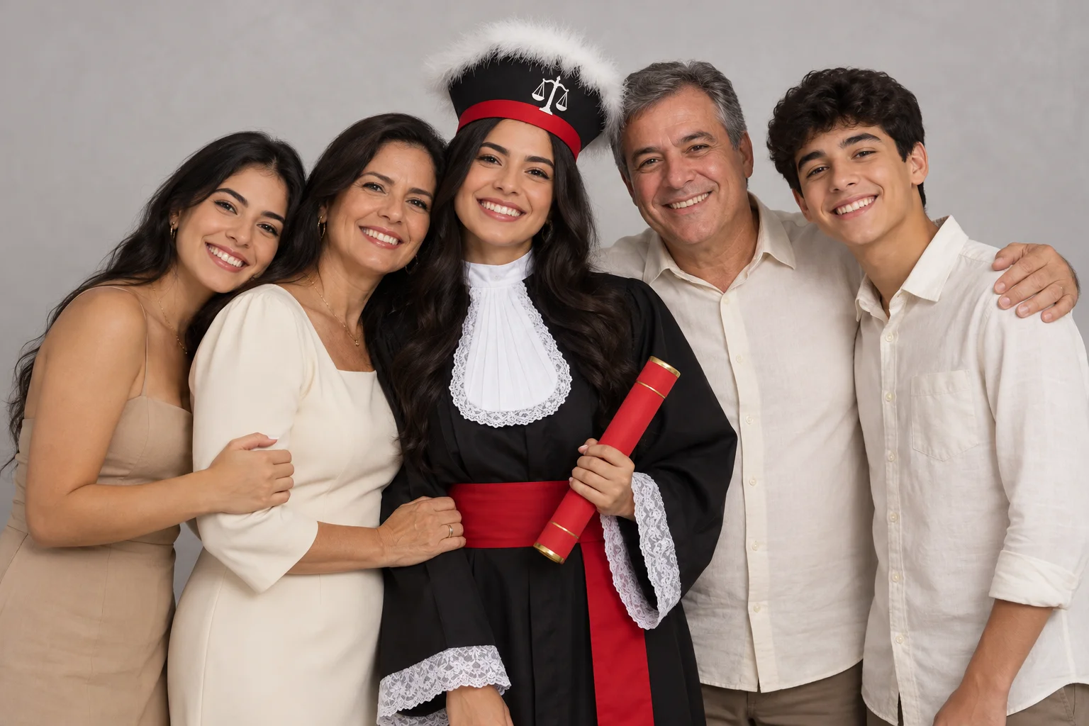 Retrato ilustrativo de uma formanda em Direito abraçada à família, em estúdio.