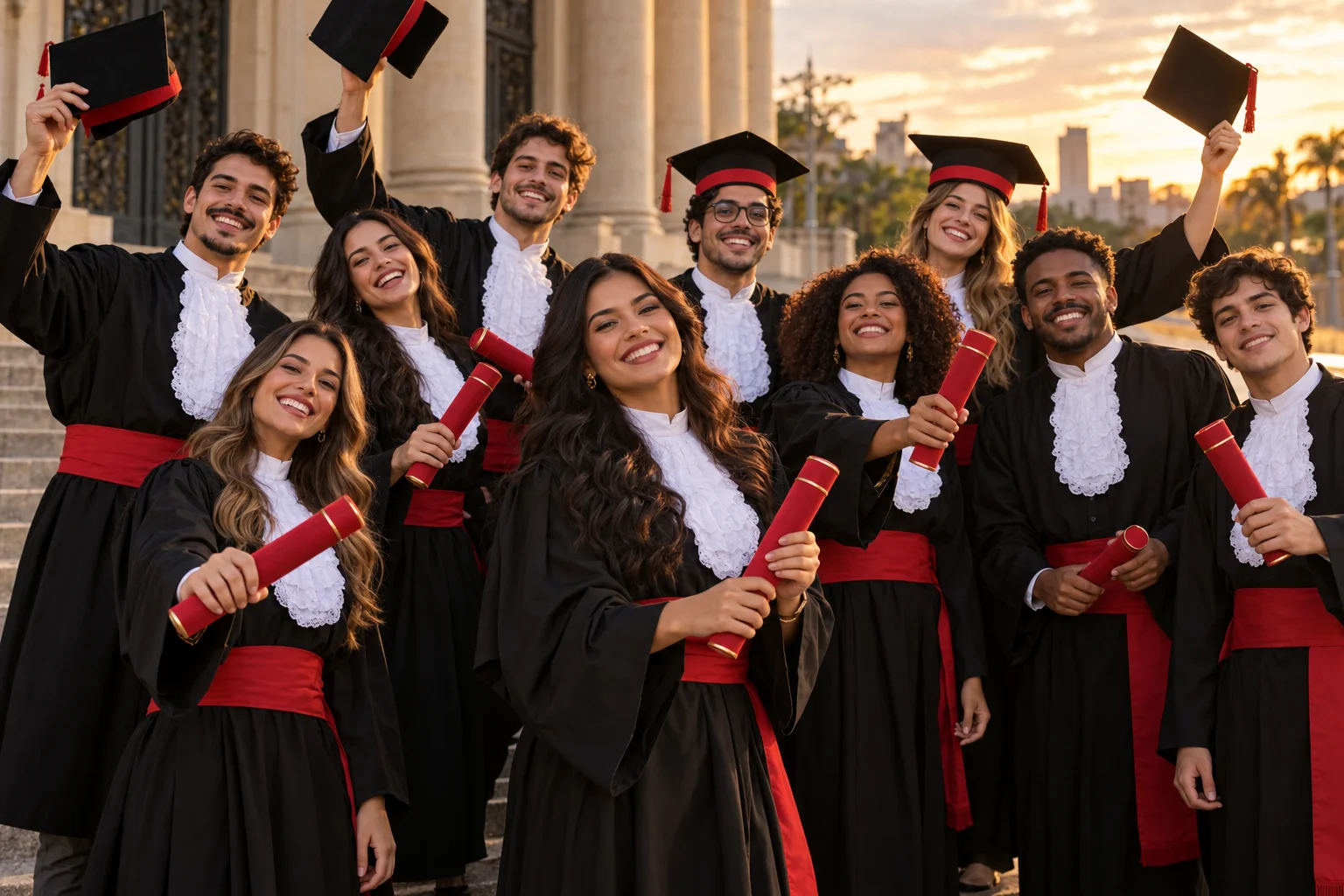 Turma fictícia de formandos em Direito celebrando, com becas pretas e faixas vermelhas.