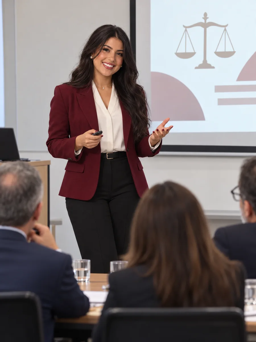 Retrato ilustrativo de Pietra apresentando seu trabalho de conclusão de curso a uma banca.